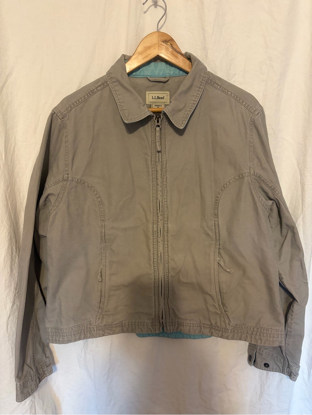 L.L. Bean Women's XL gray & blue canvas zip jacket short barn field coat